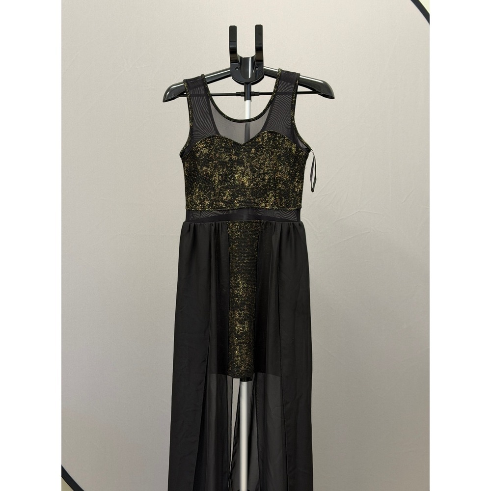 Black Gold Metallic Mesh High Low Sheer Overlay‎ Maxi Dress Cocktail Party